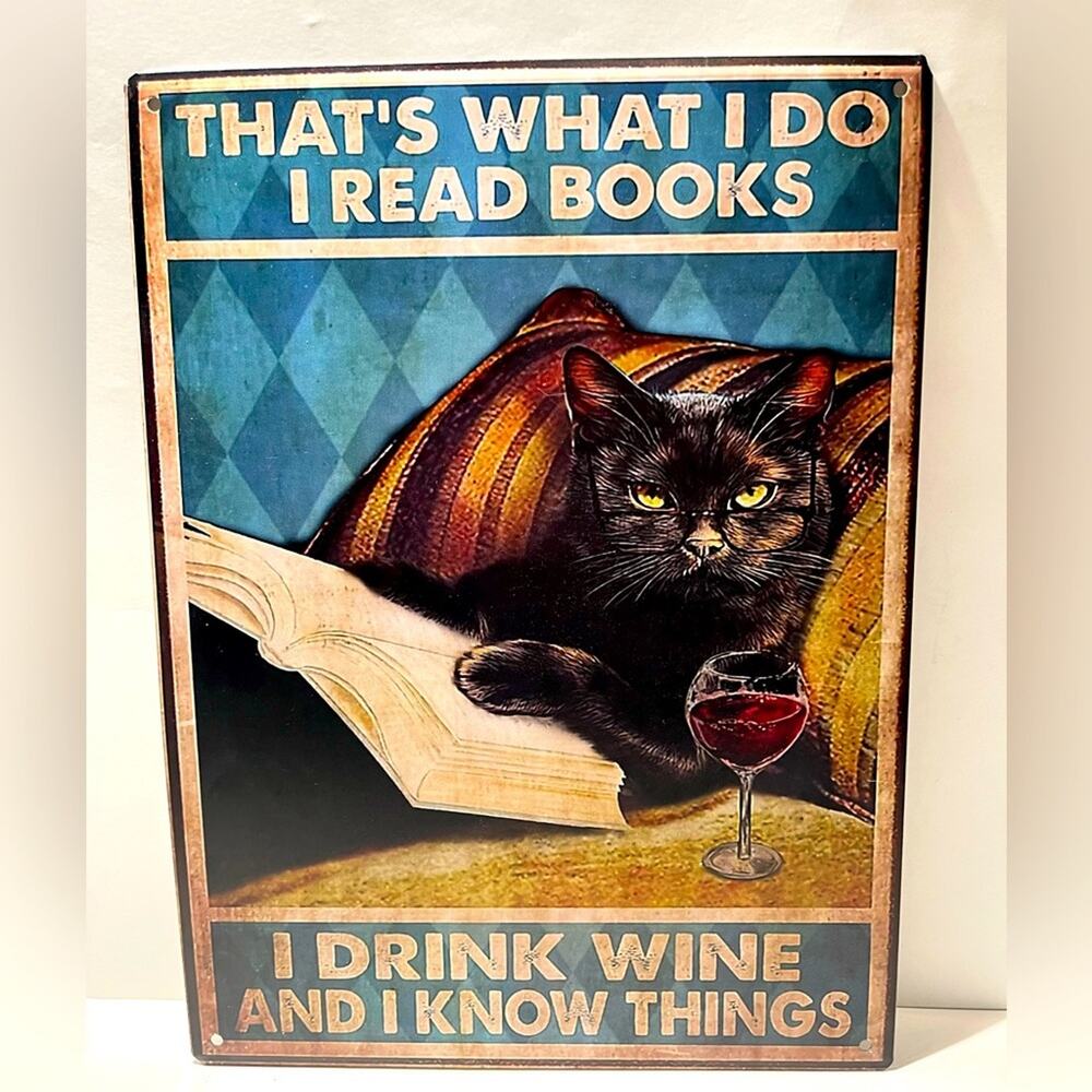 Cat with book and wine metal sign